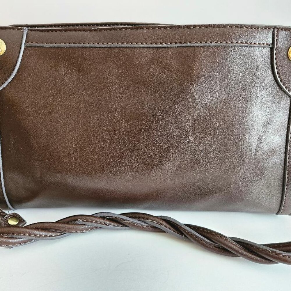 RELIC dark brown purse w/ twisted/braided handle, multiple compartments inside.